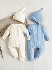 SHEIN Set de 4 piezas de pelele de manga larga con estampado de letras y gorro, cómodo y suave, para bebé niño recién nacido en otoño - Multicolor - Ver 2