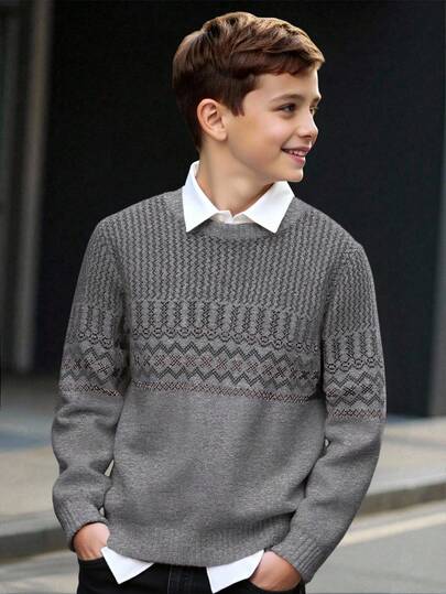 SHEIN Tween Boys Casual Versatile Knitted Vintage Geometric Pattern Hoodie Sweater, Autumn/Winter