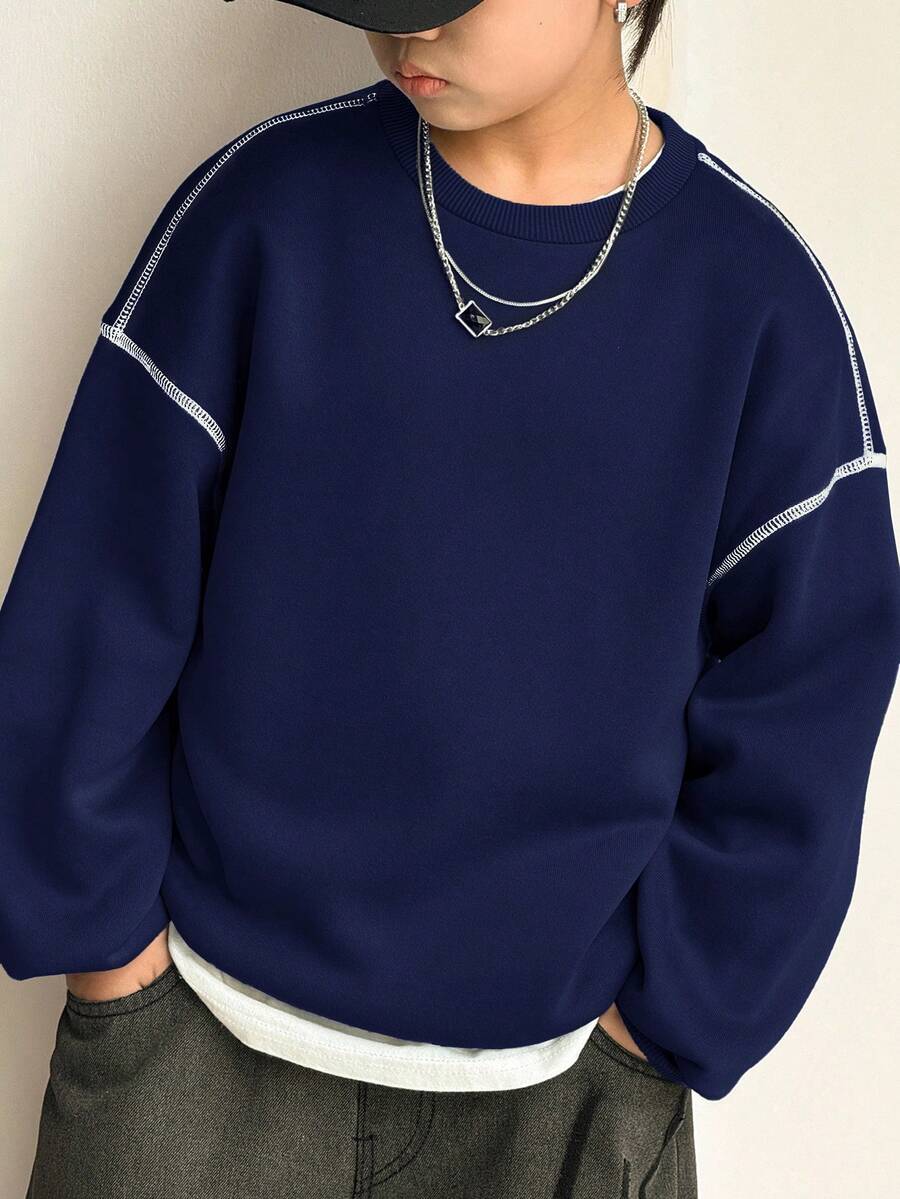 SHEIN 男童休闲韩版宽松撞色圆领卫衣,适合通勤、上学、日常休闲、运动、秋冬季穿着。 - 藏蓝色 - 查看 1
