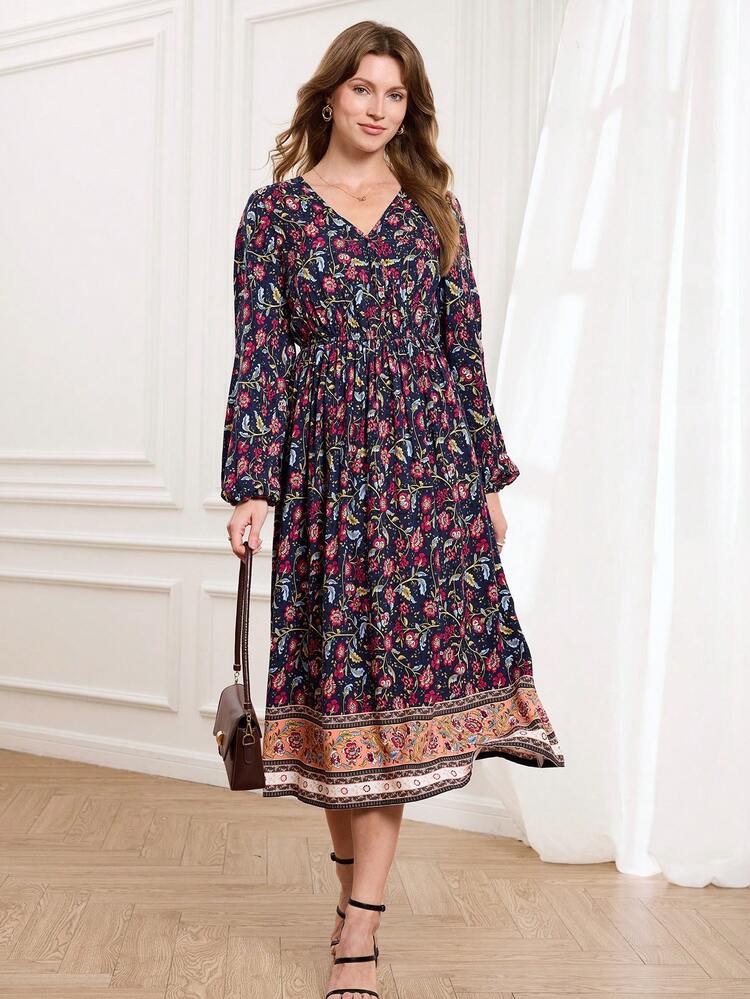 This Elegant Women's Dress Features A Deep Navy Blue Base Adorned With Pink And Red Floral Prints And Contrasting Trims, Perfectly Capturing The Festive Spirit Of The New Year. The Floral Pattern Is A Resort-Inspired Print, Vibrant And Dynamic Yet Stylishly Layered. The Design Includes A V-Neck, Long Sleeves, A Fitted Waist, And A Flowing Skirt, Offering A Comfortable And Slimming Fit. The Skirt's Details Add An Elegant Touch. Suitable For Spring And Autumn, This Dress Can Be Accessorized With Jewelry To Brighten Up The Look Or Layered With A Jacket For Added Dimension. Perfect For Youthful Gatherings And Casual Occasions, This Dress Combines The Festive Atmosphere Of Floral Prints With The Ability To Showcase Individual Taste Through Its Patchwork Design. It's A Versatile Piece That Blends Romance And Style In Your New Year's Wardrobe.