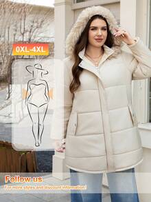 SHEIN LUNE 白色冬季休閒登山大尺碼女款絎縫拉鍊長版連帽填充外套，保暖百搭長袖口袋外套，老錢風辦公室風格 - 杏色 - 查看 8