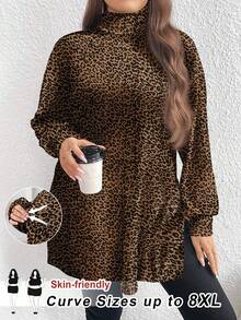 SHEIN CURVE+ Plus Size Leopard Print Casual Turtleneck T-Shirt/Winter - Multicolor - View 1