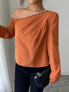 Elenzga 女式不对称肩部缎面长袖衬衫，秋季 - 咖啡棕 - 查看 6