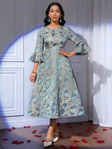 SHEIN Lady فستان أنيق للنساء بأكمام واسعة وطبعات جاكارد متوسط الطول