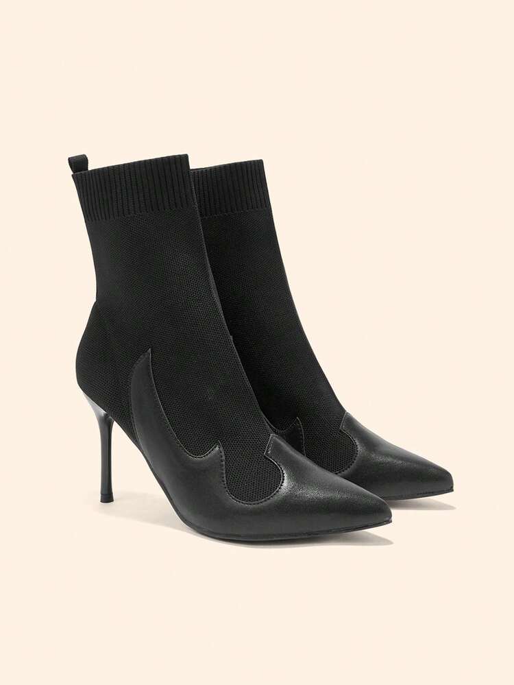 CUCCOO BASICS Women's Pointed Toe Elastic Fabric High Heel Boots, Fashionable Minimalist Design, Comfortable For Daily, Party And Banquet Wear For Christmas