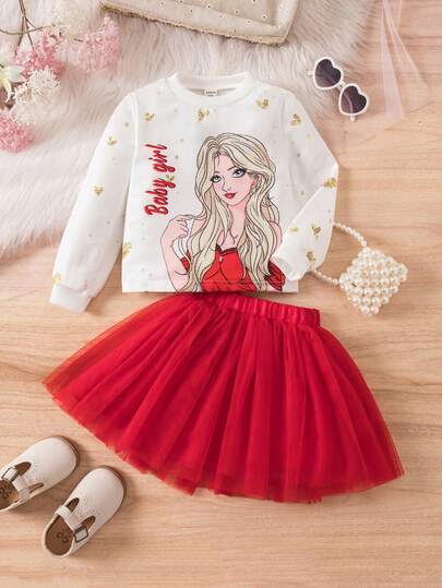 SHEIN Elladie kids 2件套女童可爱卡通卫衣和网纱亮片裙套装