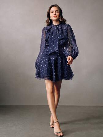 Anewsta Vintage Bowknot Strap Long Sleeve Sheer Waist Flared A-Line Mini Dress For Women