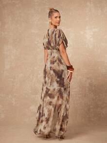 Lumalex VITNOS Women's Grey And Pink Mixed Animal-Print Chiffon Deep V-Neck Puff-Sleeve High-Low Ruffled-Hem Summer Boho Vacation Elegant Luxury Maxi Dress - Multicolor - View 3