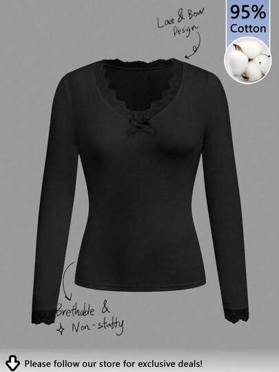 Tseoso Casual Deep V-Neck Lace Trim Fitted Long Sleeve T-Shirt, Suitable For Autumn/Winter