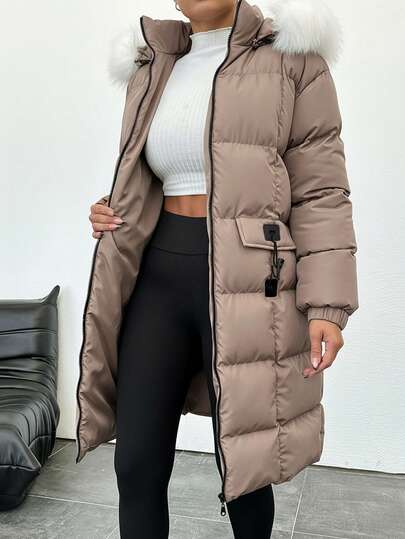 EURMUSE Women's Long Sleeve Zipper Front Casual Fur Collar Hooded Winter Jacket