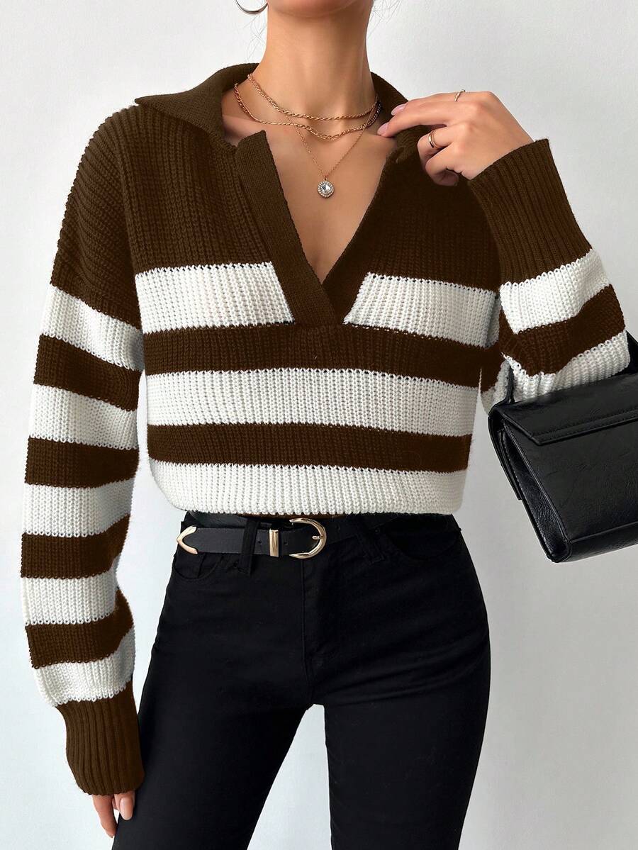 SHEIN Tall Striped Pattern Drop Shoulder Sweater, Tall Women - Brown - View 1