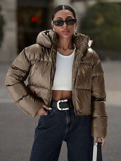 EURMUSE Women's Solid Color Minimalist Daily Hooded Long Sleeve Padded Coat