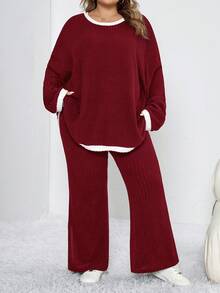 SHEIN CURVE+ 2 件套加大码撞色边罗纹针织圆领长袖上衣和开衩长裤，女士冬装 - 酒紅色 - 查看 5