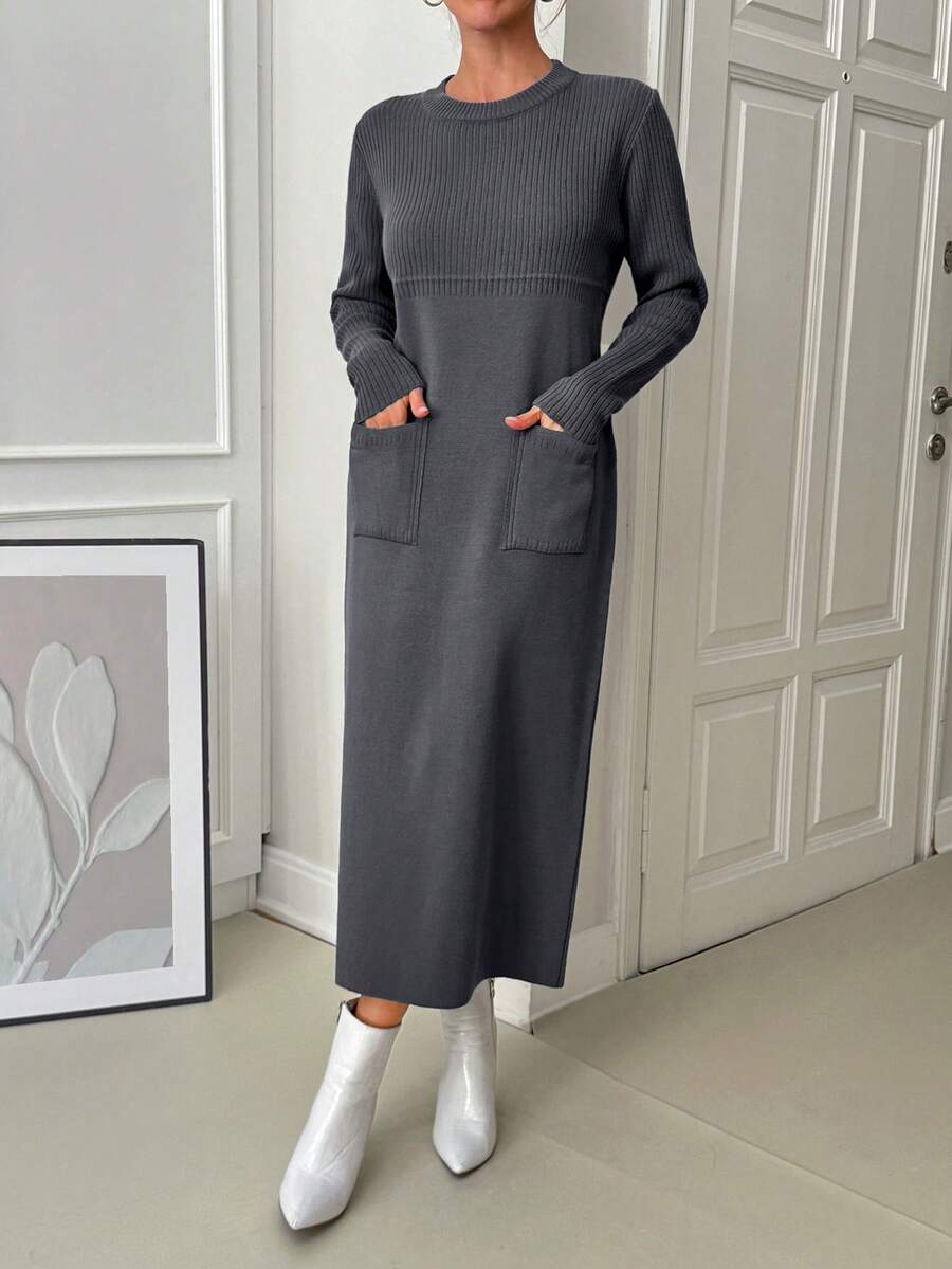 EURMUSE Women Solid Color Round Neck Pocket Detailed Maxi Sweater Dress - Grey - View 1