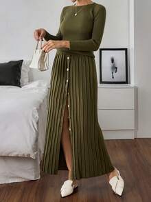 EURMUSE Women Solid Color Round Neck Drop Shoulder Long Sleeve Casual Knit Sweater And Skirt Co-Ord Set - Olive Green - View 4