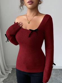 Elenzga 女士撞色蝴蝶结装饰长袖毛衣 - 酒紅色 - 查看 6