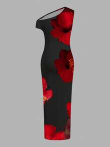 Slaydiva 2025 Summer/Autumn New Women's Elegant Floral Print Asymmetric Hem Bodycon Dress, Vacation/Beach Holiday Outfit - Multicolor - View 3