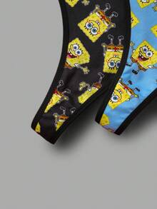 SpongeBob SquarePants | SHEIN Women's Comfortable Soft Breathable Cartoon Pattern Letter Jacquard Thong Panties - Black - View 4