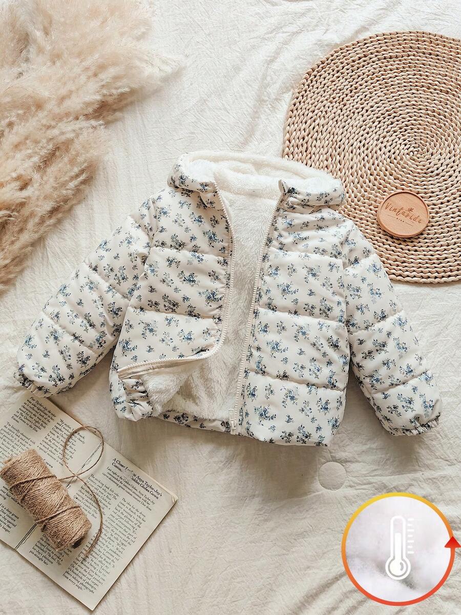 SHEIN Vintaside Kids 1件女童冬季拉链长袖数码印花羽绒服，适合户外旅行，提供充足的保暖保护，时尚实用，让小朋友在冬季探险中既温暖又时尚。 - 彩色 - 查看 1