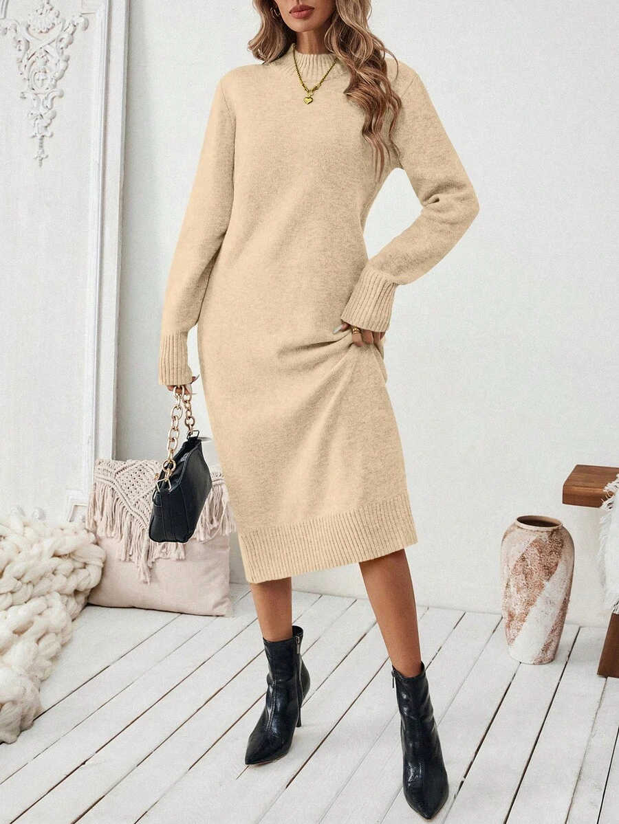 EMERY ROSE 女士杏色圆领直筒简约针织毛衣连衣裙 - 杏色 - 查看 1