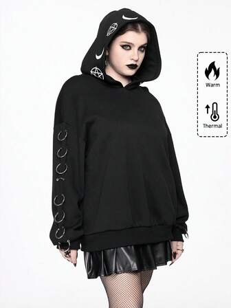 Plus Size Gothic Street Punk Style Star & Moon Pattern Metal Ring Decor Sleeve Sweatshirt, Autumn/Winter Plus Size Women Clothing Long Sleeve Top, Plus Size Women Pullover Hoodie