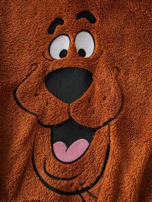 SCOOBY-DOO X SHEIN 2件套青少年男童可爱卡通狗刺绣3D耳朵连帽衫和裤子珊瑚绒舒适套装，秋冬季 - 棕色 - 查看 5