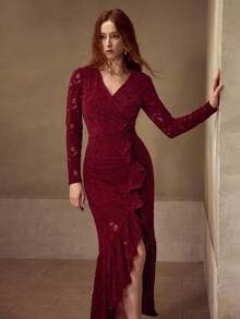 MOTF PREMIUM WOMEN'S LACE FITTED WAIST MERMAID HEM MIDI DRESS, AUTUMN/WINTER - Burgundy - View 6