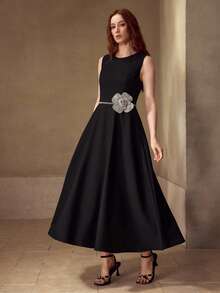 MOTF PREMIUM RHINESTONE FLORAL DECOR SLEEVELESS DRESS - Black - View 4