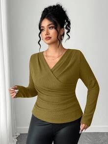 Dazy Plus V-Neck Ribbed Tight Fitted Long Sleeve Plus Size Women Cropped T-Shirt, Spring/Autumn - Yellow - View 3