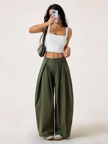 SHEIN EZwear 复古休闲街头风格宽松橄榄绿色弧形下摆加大码裤子，秋冬 - 墨綠色 - 查看 5