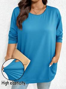 EMERY ROSE Camiseta de manga larga de cuello redondo minimalista de unicolor para mujer de talla grande - Azul menta - Ver 7