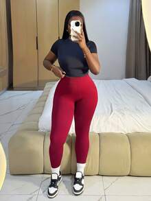 Core Rhythm Leggings deportivos sin costuras de unicolor y cintura alta para mujer - Burdeos - Ver 3