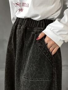 FRIFUL Damen modischer Leopard Muster Denim Rock lang