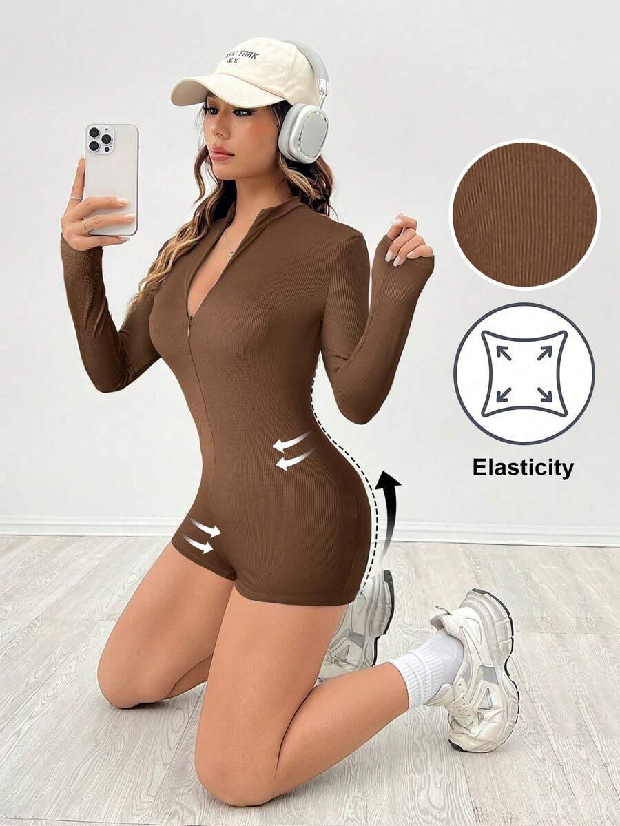 SHEIN PETITE Body de manga larga con cremallera y acanalado en color negro - Marrón - Ver 1