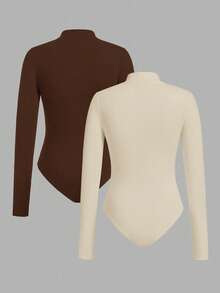 SHEIN EZwear Women's Solid Color Stand Collar Fitted Long Sleeve Bodysuit,Fall,Fall Clothes For Women Turtle Neck Women Brown Bodysuit Bodysuits For Women Long Sleeve High Neck Tops