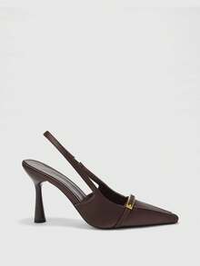 CUCCOO BIZCHIC Women Shoes Fashionable Brown Glossy Material Slingback Temperament Small Square Toe Stiletto Shoes Suitable For Commuting Dating Parties Holiday Parties And Other Occasions To Wear - Brown - View 2
