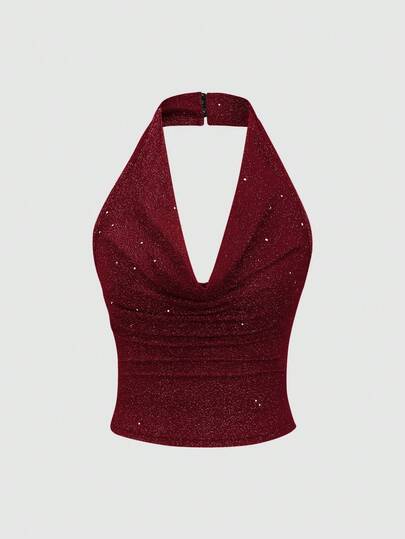 SHEIN PETITE Women's Sequin Metallic Knit Cropped Camisole Top, Sexy Bodycon Backless Top