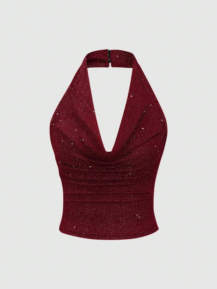 SHEIN PETITE Women's Sequin Metallic Knit Cropped Camisole Top, Sexy Bodycon Backless Top - Burgundy - View 1