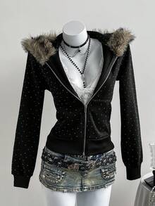 Elamini 女士黑色砖纹亮片针织抓绒卫衣，人造毛领，撞色拼接，长袖，修身版型，带口袋，前拉链，秋冬休闲装，适合上学、毕业典礼、复古街头风、通勤、派对等场合。