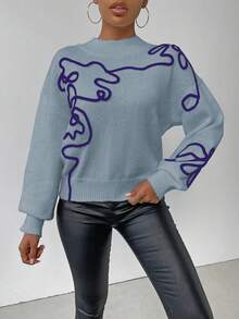 EMERY ROSE Women's Contrast Color Applique Stand Collar Casual Pullover Sweater - Blue - View 6
