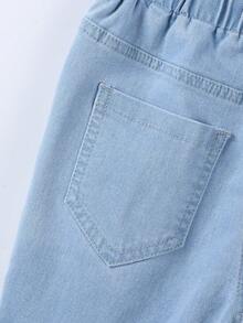 1pc Tween Boy Light Wash Blue Elastic Waist + Faux Chain + Relaxed Fit Wide Leg Jeans, Casual Streetwear Style Suitable For School, Travel, Party, Autumn/Spring