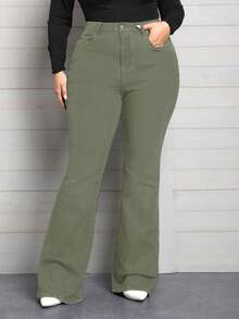EMERY ROSE Plus Size Women Elastic Waist Pockets Casual Flared Jeans - Army Green - View 6