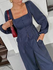 Chiquease Set de 2 piezas con top sin espalda de manga farol de cuello cuadrado a rayas y pantalones con bolsillos, estilo francés