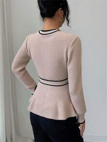 SHEIN Clasi Elegant Women Sweater,Black And White Checkered,Autumn,Ellegant,Office Contrast Color Ribbon & Metal Button Decor V-Neck Waist Fitted Knit Pullover - Apricot - View 2