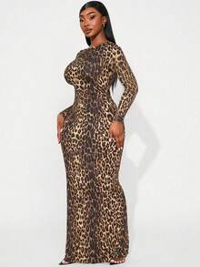 Radiana 大码女式秋冬优雅性感日常基本款豹纹长袖修身连衣裙，适合西装、邮轮服装、音乐节、音乐会、狂欢派对 - 彩色 - 查看 2