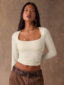 SHEIN BAE 女士奶油色性感方领修身长袖上衣，适合休闲穿着，打造时尚街头风，也适合派对、夜店、约会、圣诞节、感恩节、夜店、新年等场合，简约百搭。 - 白色 - 查看 4