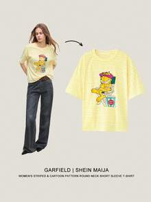 Maija GARFIELD | SHEIN Áo thun nữ cổ tròn tay ngắn họa tiết sọc và hoạt hình - Màu vàng - Xem 2