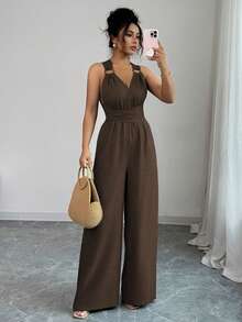 Selianne V领系带阔腿连体裤，蓝色，女士连身裤，休闲夏季装，女士度假装