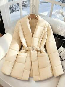 GlowEve 女士咖啡棕色腰带，金属扣设计，收紧腰身，优雅羽绒服 - 杏色 - 查看 1