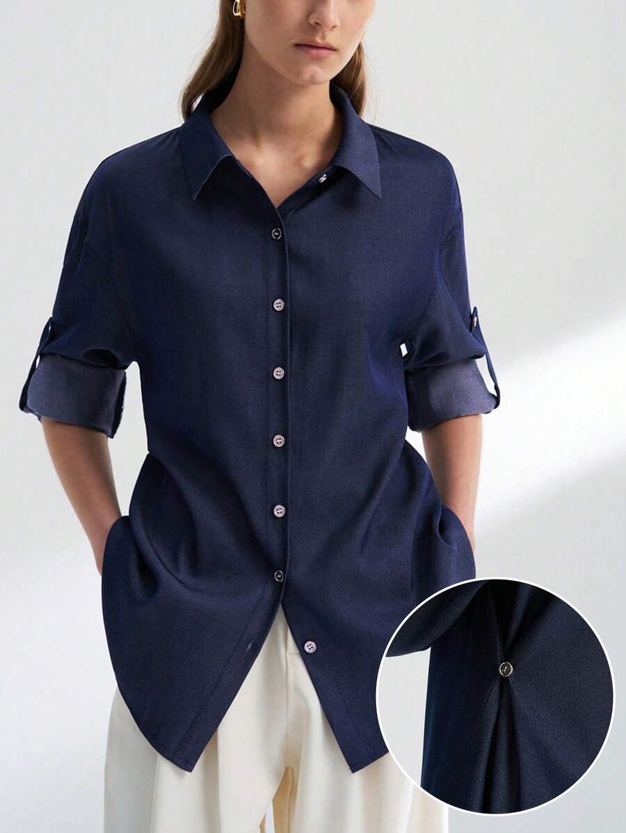 Airaco Women's Rolled Sleeve Single-Breasted Casual Loose Denim Effect Shirt - Navy Blue - View 1